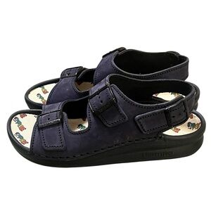 Birkenstock Birki’s unisex blue leather two strap sandals with sling back strap